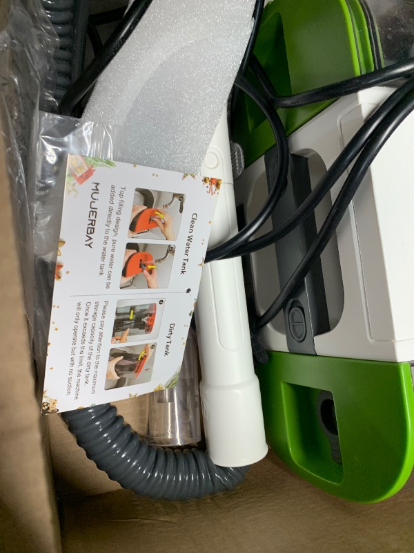 Photo 1 of ***(parts only/ major damage/ non functional)***Upholstery Carpet Cleaner, MUJERBAY 12Kpa Portable Spot and Stain Cleaner, Easy Move with Universal Wheels & Handle, 1.18-inch Deep Cleaning Machine for Couch, Stairs, Car and Pet Messes. Green
