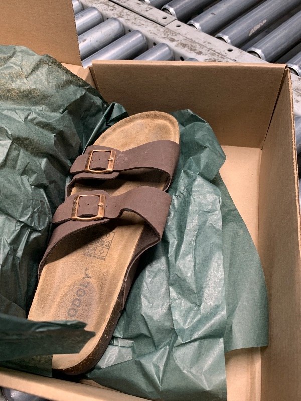 Photo 1 of ***(HEAVILY USED/ MINOR DAMAGE)***ODOLY Unisex Cork Footbed Slide Sandal, Arch Support Summer Outdoor Sandals with Adjustable Buckle for Women and Men, Brown 43 (11-11.5 Women/9.5-10 Men)