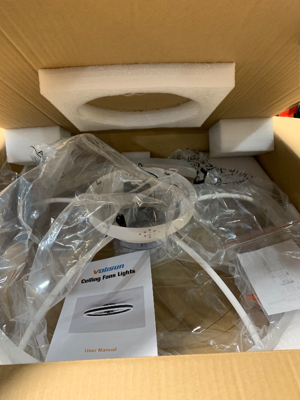 Photo 1 of ***PARTS ONLY**VOLISUN Low Profile Ceiling Fans with Lights and Remote, 23.6in Flush Mount Ceiling Fans with Light, 3000K-6500K Dimmable Fandelier LED Fan Light, White Bladeless Ceiling Fans with Lights for Bedroom