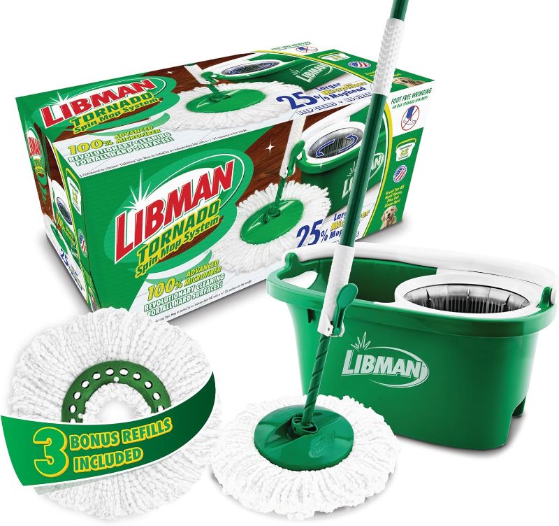 Photo 1 of **Missing extra mop heads** Libman Tornado Spin Mop System with 3 Refill Heads, Microfiber Spinning Mop and Bucket with Wringer Set for Home, Floor Cleaning of Hard-Wood, Laminate, Tile, All Surface Cleaner