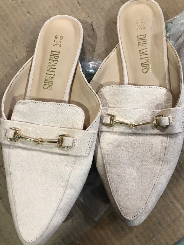 Photo 1 of (used)(see all images) DREAM PAIRS Women's Flat Mules Buckle Pointed Toe Backless Slip on Slides Loafer Shoes,Size 6.5,Beige/Suede,DML212