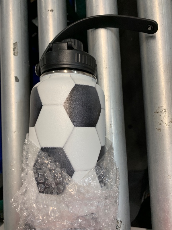 Photo 1 of (used)(see images for damage) Soccer Water Bottle with Lid - 32oz Insulated Stainless Steel Sport Bottles - Gift for Men Soccer Player Fan Coach
