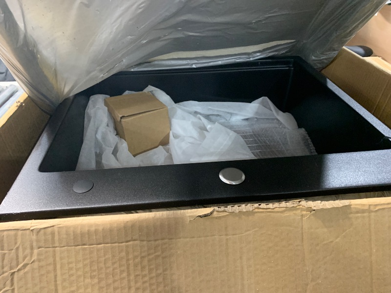 Photo 1 of (damaged minor crack) 25 Inch Black Drop In kitchen sink Workstation - VOKIM 25"x23" Black Drop-In Top Mount sink Single Bowl Quartz Sink with Cutting Board