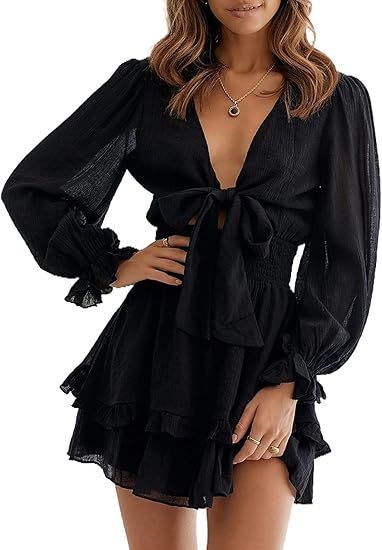 Photo 1 of (MEDIUM) (BAGGED) AlvaQ Womens Dresses Spring Summer Knot Front V Neck Ruffles Long Sleeve Floral Print Swing Mini Dress
