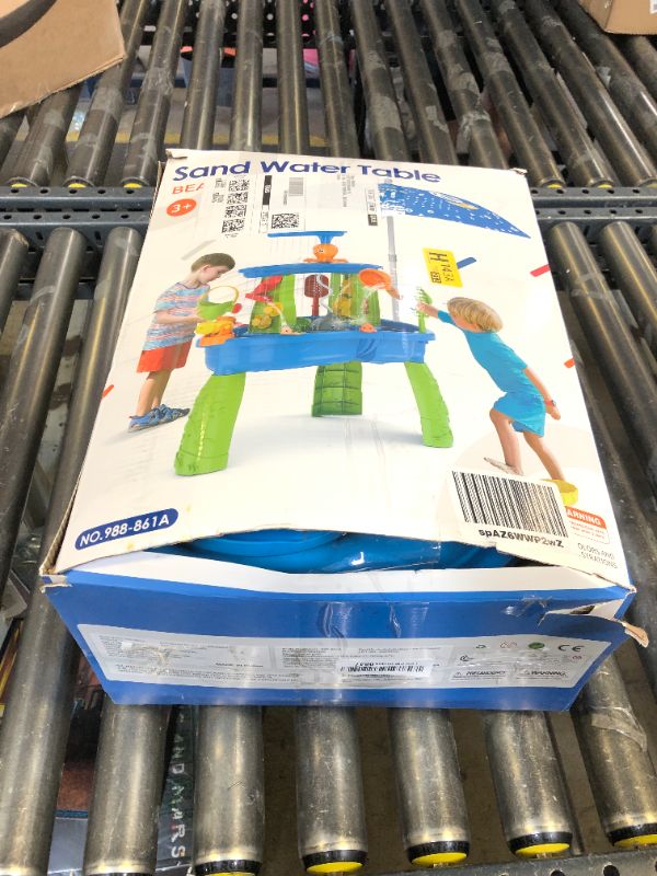 Photo 1 of HYES Water Table for Toddlers 3-5 with Umbrella/Water Pumb/Water Table Cover, 3-Tier Kids Sand Water Table, Rain Showers Splash Pond for Outdoor Beach, Activity Sensory Play Table for Boys Girls