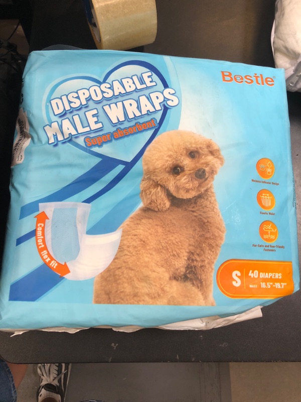 Photo 1 of Bestle Male Dog Wrap, Disposable Dog Diapers, 40 Count, S (Waist 16.5”-19.7”), Wetness Indicator, Ultra Protection, Leak Proof, Super Absorbent, Soft