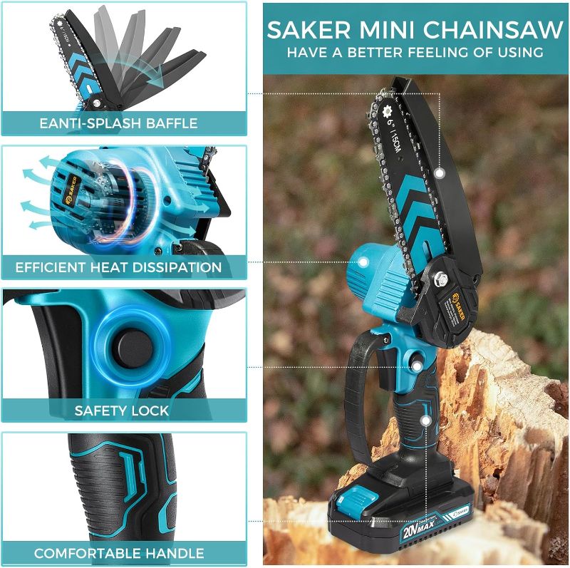 Photo 1 of Saker Mini Chainsaw,6 Inch Portable Electric Chainsaw Cordless, Small Handheld Chain saw for Tree Branches,Courtyard, Household and Garden,