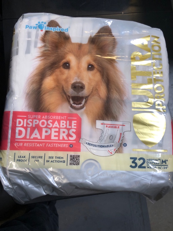 Photo 1 of Paw Inspired Disposable Dog Diapers | Female Dog Diapers Ultra Protection | Diapers for Dogs in Heat, Excitable Urination, or Incontinence (Medium Plus (32 Count))