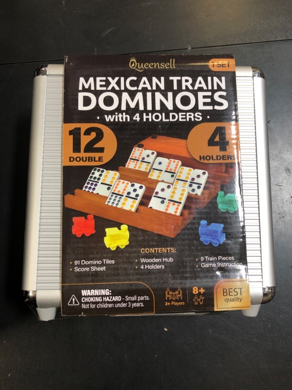 Photo 1 of Mexican Train Dominoes Set with 4 Holders - Dominoes Double 12 with Wooden Hub and Tiles Holders - Double 12 Dominos Set for Family Game Night for Adults and Kids Ages 8 and up (D12 + 4 Holders)