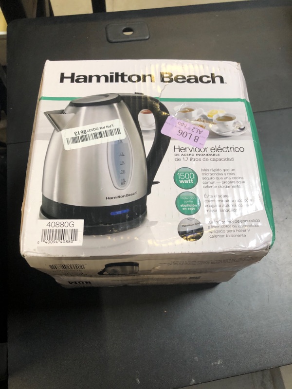 Photo 1 of Hamilton Beach Electric Tea Kettle, Water Boiler & Heater, 1.7 Liter, Cordless Serving, 1500 Watts for Fast Boiling, Auto-Shutoff and Boil-Dry Protection, Stainless Steel (40880)