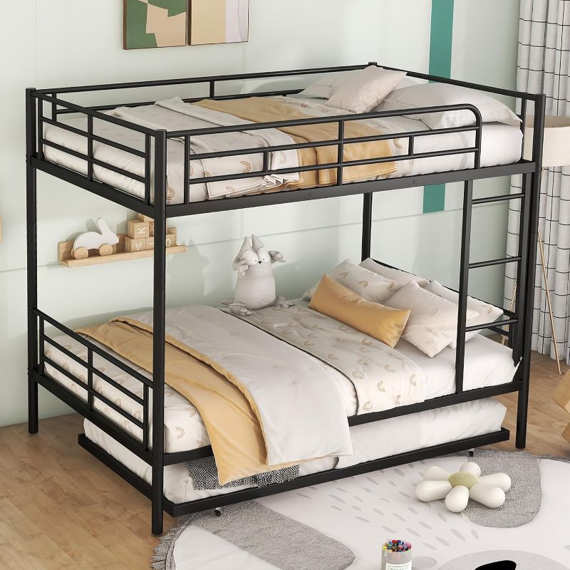 Photo 1 of Full Over Full Metal Bunk Bed with Trundle, Slat Bed Frame with Ladder and Guardrails (Silver, Full Over Full), M00259AA
