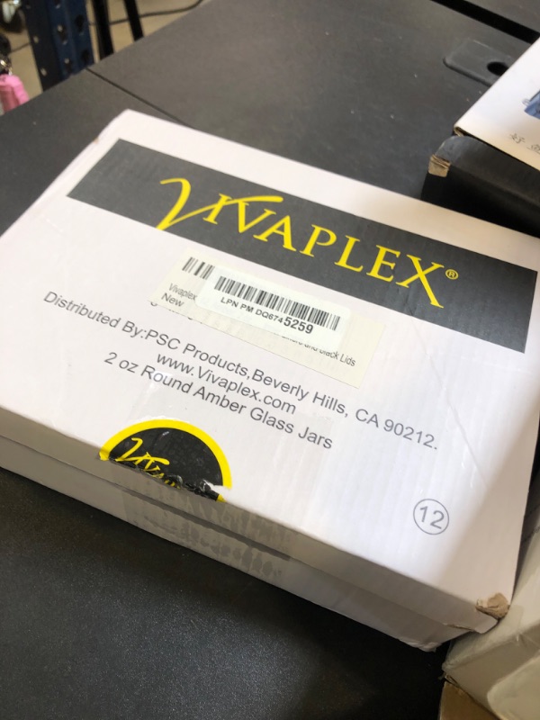 Photo 1 of Vivaplex, 12, Amber, 2 oz, Round Glass Jars, with Inner Liners and black Lids