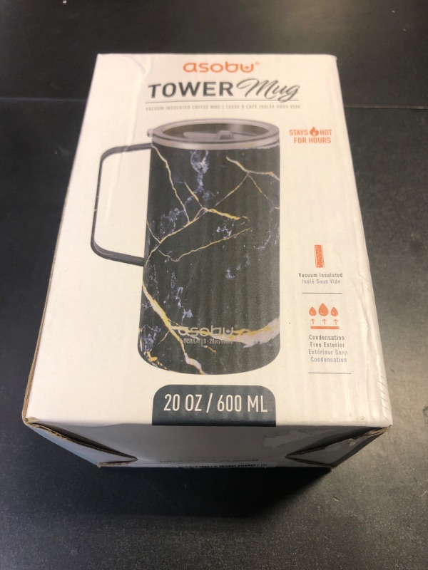 Photo 1 of asobu Tower Mug Ceramic Inner Coated Insulated Stainless Steel Cup for Pure Tasting Coffee with Easy Hold Handle and Tritan Lid Fits Standard Cup Holders 20 Ounce Travel Mug (Midnight Marble)