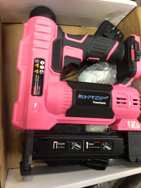 Photo 1 of BHTOP 20V Cordless Brad Nailer?Stapler, 18 Gauge 2 in 1 Stapler Kit, Heavy Finish Nail Gun with 2.0A Rechargeable Battery, Charger, 2500 Brad Nails and 500 Staples in Pink
