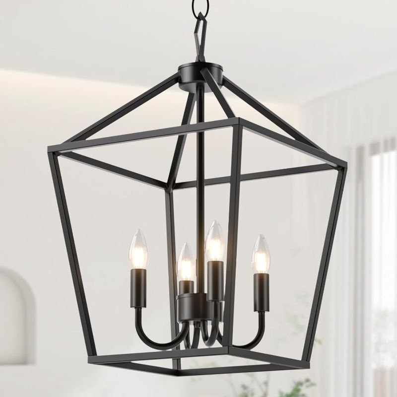 Photo 1 of 4-Light Farmhouse Chandelier for Dining Room Light Fixture Height Adjustable Kitchen Lighting Fixtures Ceiling Hanging with Metal Cage - Black Chandeliers for Dining Room, Kitchen, Foyer, Entryway