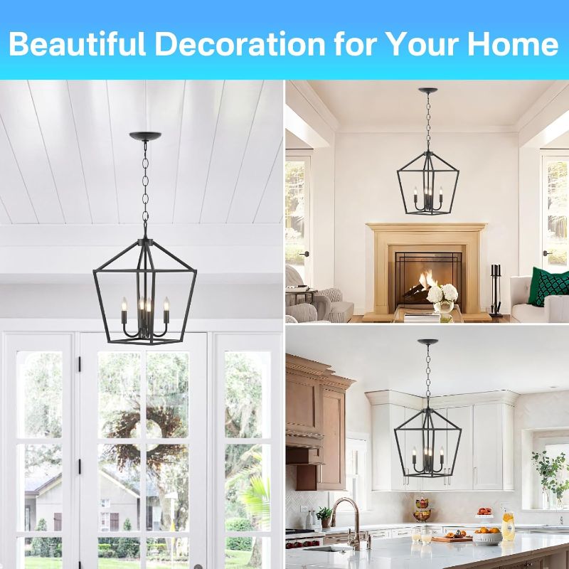 Photo 1 of 4-Light Farmhouse Chandelier for Dining Room Light Fixture Height Adjustable Kitchen Lighting Fixtures Ceiling Hanging with Metal Cage - Black Chandeliers for Dining Room, Kitchen, Foyer, Entryway
