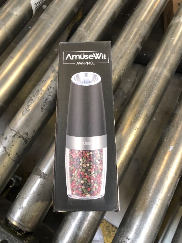 Photo 1 of AmuseWit Electric Gravity Pepper Mill or Salt Grinder Mill [White Light] - Battery Operated Automatic Pepper Grinder with Light, Adjustable Coarseness, One Handed Operation, Cleaning Brush, Black