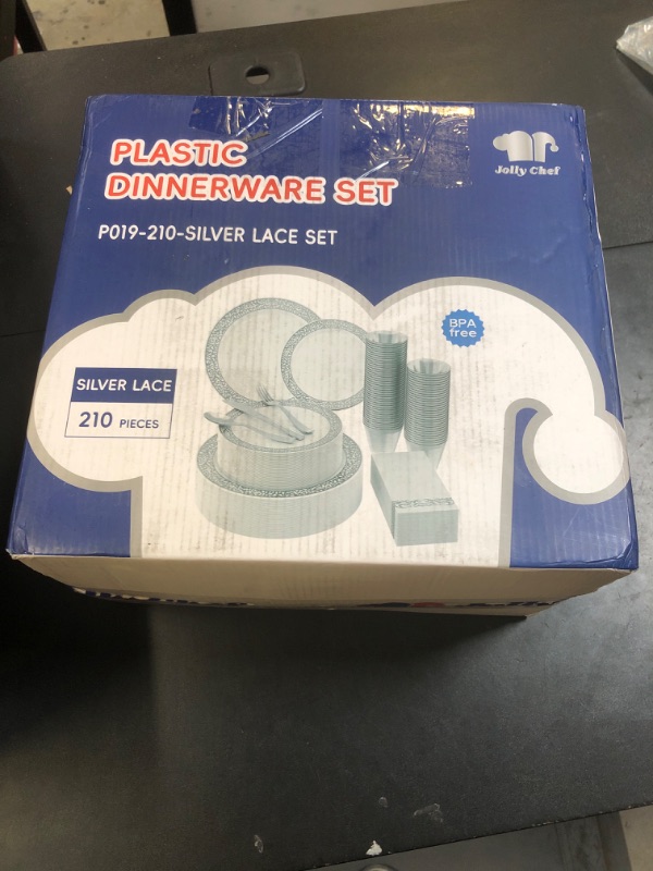 Photo 1 of ??? Count Silver Plastic Dinnerware, Silver Disposable Plates, Includes 30 Dinner & 30 Dessert Plates & 30 Cups & 30 Paper Napkins & 30 Plastic Silverware Set