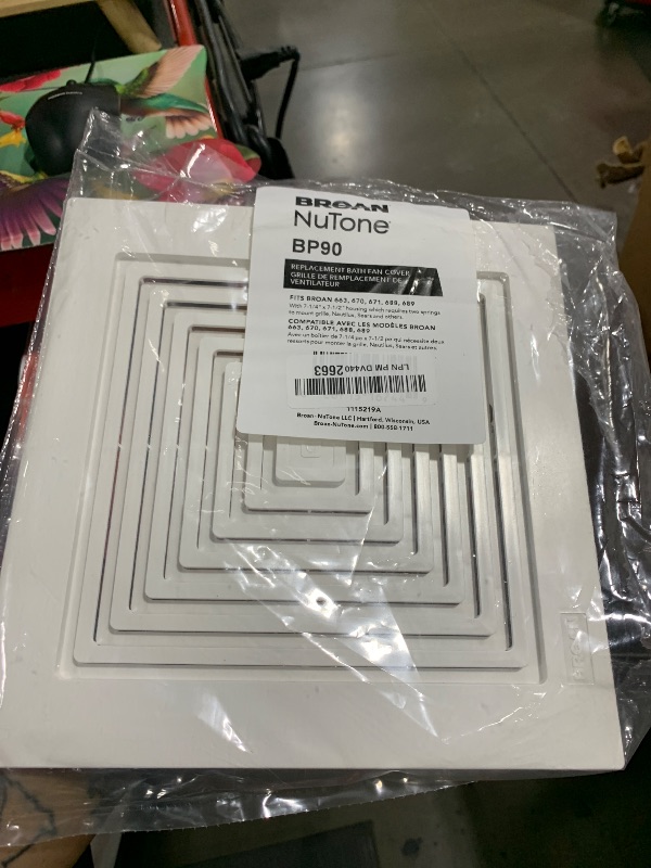 Photo 1 of Broan-NuTone BP90 Replacement Grille For 688 Fan , White, 9 In. x 9.25 In. x 0.325 In. with 7.25 and 7.5 in. housing