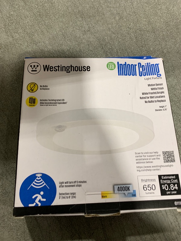 Photo 1 of Westinghouse 6111800 6 Inch 7 Watt Energy Star LED Indoor Flush Mount Ceiling Light Fixture with Motion Sensor, 4000K, White Finish, White Frosted Shade