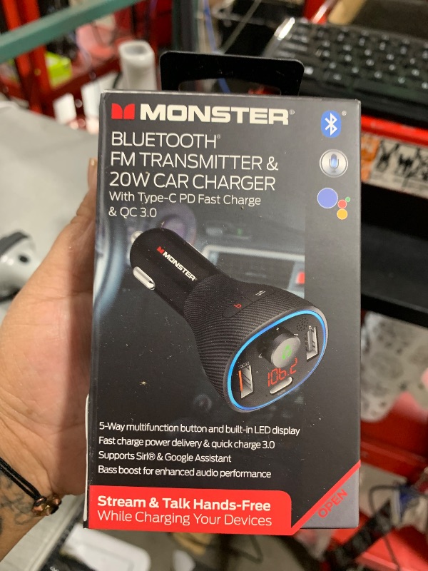 Photo 1 of Monster Bluetooth FM Transmitter for Car Cigarette Lighter with 20W QC3.0 USB A & USB C PD Charger, Bass Boost Button, Flash Drive Port, Google Voice & Siri Compatible, Hands-Free Calls, Microphone