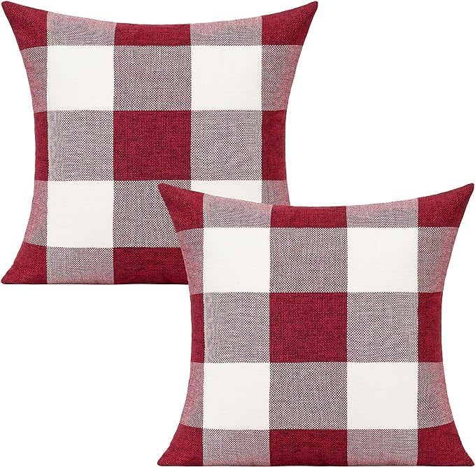 Photo 1 of Christmas Throw Pillow Covers 18x18 Set of 2 Red and White Buffalo Check Plaid Xmas Outdoor Valentine Holiday Farmhouse Decorative Cushion Cases Home Décor for Sofa Couch Bedroom