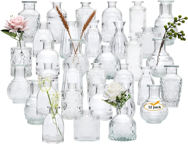 Photo 1 of Glass  Vases Set of 32,Small Flower Vases for Wedding Centerpiece Table Decorations,Clear Vintage Embossed Mini vases,Flower Arrangements in Vases for Party or Home Decor