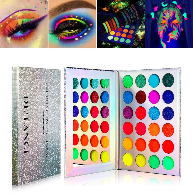 Photo 1 of DE'LANCI Neon Eyeshadow Palette Glow in the Dark, Aurora Glow Eyeshadow Pallets Stage, Halloween Christmas Makeup Kit UV Blacklight Matte and Glitter Fluorescent Eye Shadows Highly Pigment
