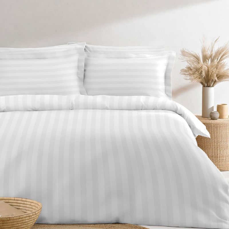 Photo 1 of Pizuna Cotton Queen Duvet Cover Set, 300 Thread Count Long Staple Cotton Sateen Weave with Button Closure (Combed Stripe Luxury White Cotton Duvet Cover Queen)
