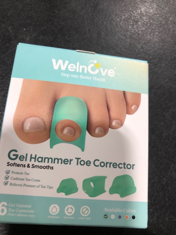 Photo 1 of Welnove Hammertoe Corrector - 6 Pack Toe Splints - Soft Gel Toe Straighteners - Realign Bent, Curled, Crooked, Claw, Hammer Toes - Toe Corrector for Men and Women, 3 Different Sizes (Green)
