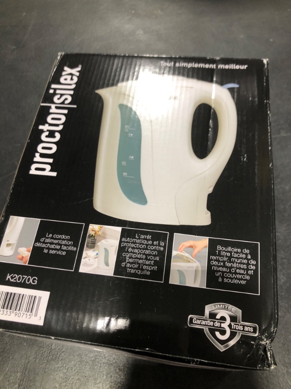 Photo 1 of Proctor Silex Electric Tea Kettle, Water Boiler & Heater Auto-Shutoff & Boil-Dry Protection, 1000 Watts for Fast Boiling, 1 Liter, White