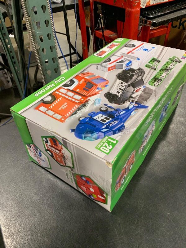 Photo 1 of JOYIN 4 Packs Emergency Vehicle Toy Playsets, Friction Powered Vehicles with Light and Sound, Including Fire Truck, Ambulance, Play Police Car and Helicopter, Christmas Toddler Kids Boys Gifts