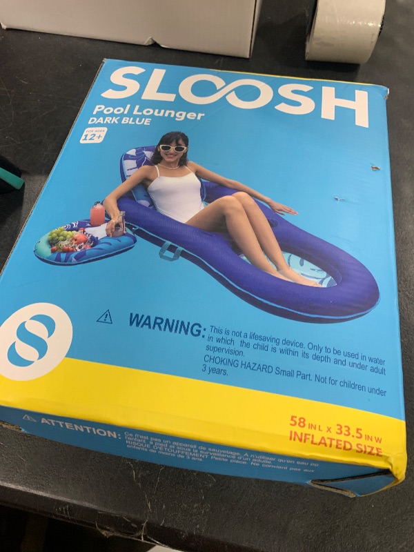 Photo 1 of SLOOSH Pool Floats Lounger Adult, Fabric Pool Floaties Lounge Convertible 2-in-1 Floating Water Floaty with Cup Holders Adjustable Backrest Recliner for Pool Party (Dark Blue)