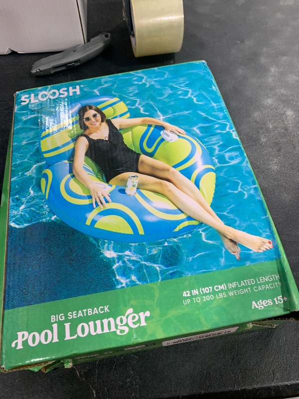 Photo 1 of Sloosh Inflatable Pool Float Lounger - River Tube Floating Chair Sofa with Big Backrest, Blow Up Floaties Lake Raft Lounge with Mesh Bottom Handle Cup Holder Pool Party Toys for Adults (Blue Yellow)