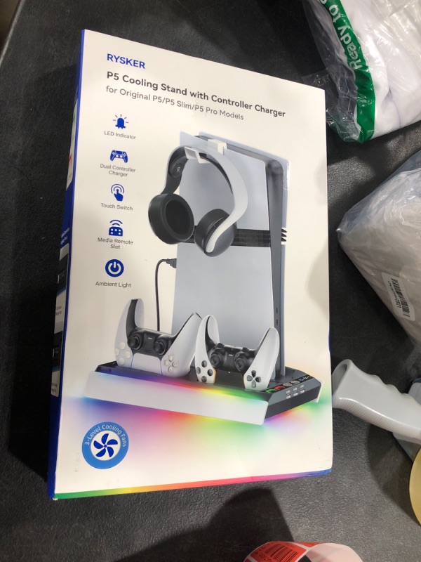 Photo 1 of Rysker PS5/Slim/Pro Stand for Disc & Digital Console, PS5 Cooling & Charging Station with RGB Ambient Lighting, PS5 Controller Charger Built-in 3 Level Fan, PS5/Slim/Pro Accessories Comes 3 USB Ports