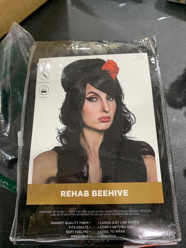Photo 1 of ALLAURA Compatible with Amy Winehouse Wig – Black Beehive Wig with Red Flower for Women & Girls – Long Curly 90s Costume Hairpiece, Retro Pop Star Look, Halloween Vampire, Music Icon Cosplay Accessory