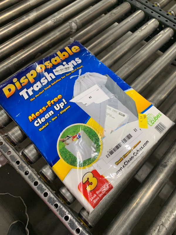 Photo 1 of Clean Cubes 13 Gallon Disposable Trash Cans (3-Pack) with Fitted Trash Bags - Reusable Garbage and Recycling Bins for Parties, Events, and More (White - 17" Height x 13.5" Width x 10" Depth)