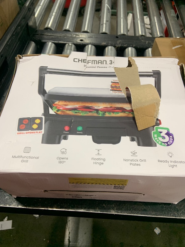Photo 1 of Chefman Electric Panini Press Grill and Gourmet Sandwich Maker w/ Non-Stick Coated Plates, Opens 180 Degrees to Fit Any Type or Size Food, Dishwasher Safe Removable Drip Tray, Stainless Steel/Black