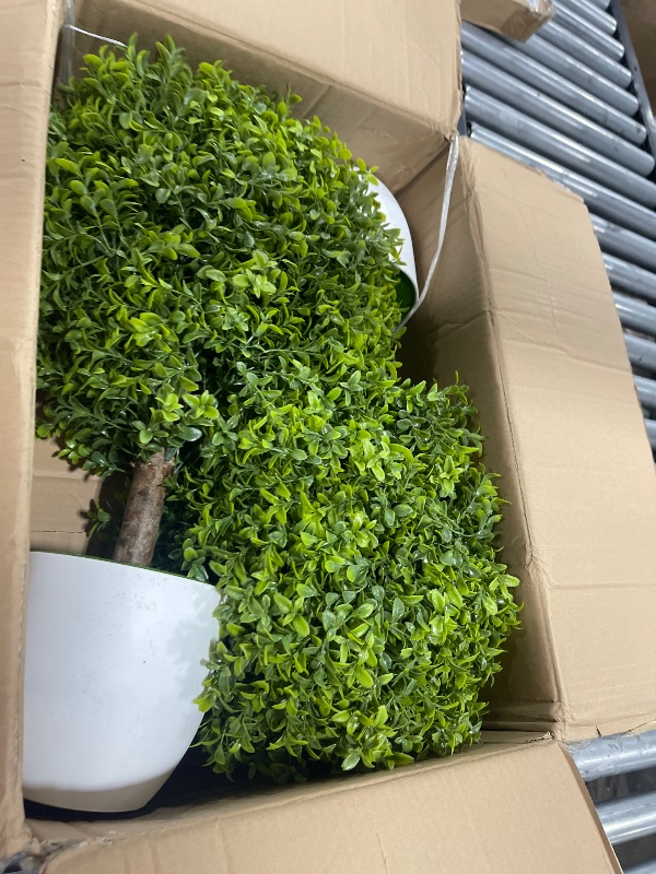 Photo 1 of UV Resistant Artificial Outdoor Plants 24”, Boxwood Topiary Set of 2 Fake Trees - Large Artificial Plants Outdoor Potted - Indoor & Outdoor Fake Plants For Porch - Front Porch Decor - Pot not Included