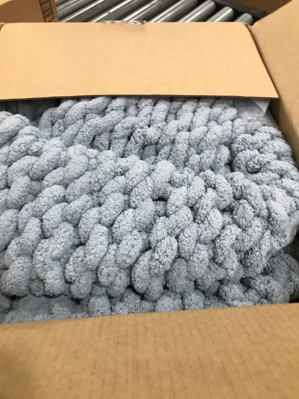 Photo 1 of Bigacogo Chunky Knit Throw Blanket for Couch, 51x63 inches, 100% Hand Knitted with Thick Jumbo Chenille Yarn, Cozy Soft Large Rope Knot Cable Crochet Blankets for Sofa Bed Living Room, Dusty Blue