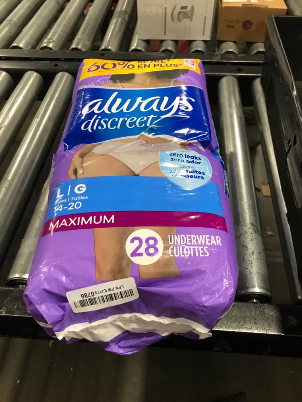 Photo 1 of Always Discreet Adult Incontinence Underwear for Women and Postpartum Underwear, L, Up to 100% Bladder Leak Protection, 28 Count (Packaging May Vary)