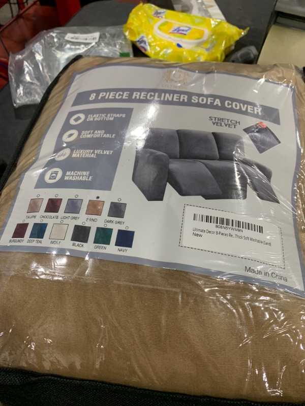 Photo 1 of ULTICOR Velvet 8-Pieces Recliner Sofa Covers Stretch Reclining Couch Covers for 3 Cushion Reclining Sofa Slipcovers Furniture Covers Thick Soft Washable (3 Seater Recliner Cover, Sand)