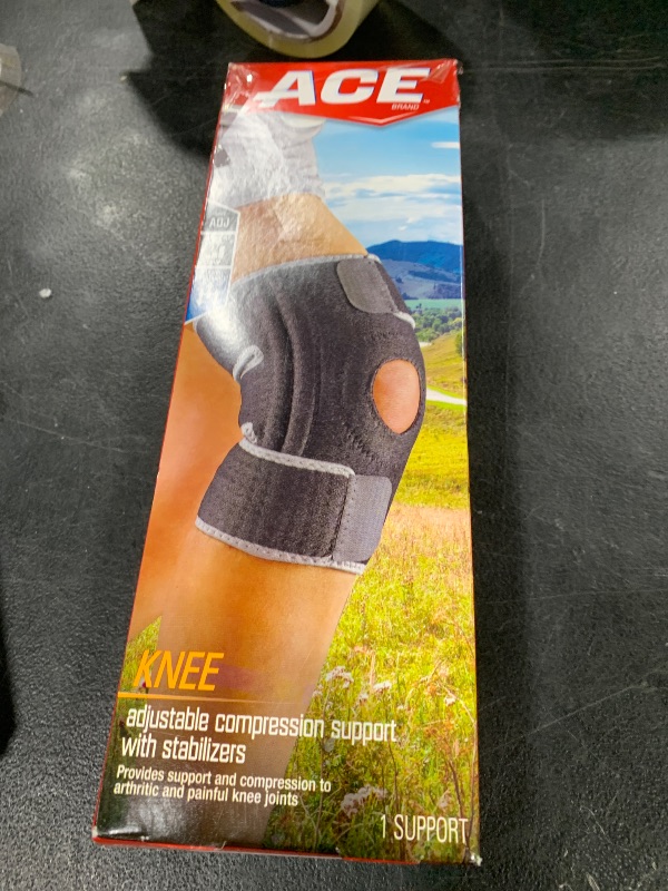 Photo 1 of ACE Brand Adjustable Compression Knee Support with Stabilizers, Firm Support for Weak, Sore or Injured Joints, Compression Knee Brace With Adjustable Straps, Breathable, One Size Fits Most