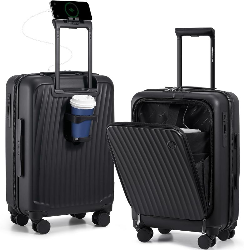Photo 1 of OIWAS 20 Inch Carry On Luggage, Front Pocket Carryon Suitcase with Phone Holder & Cup Holder, Airline Approved Hardshell Luggage with Double TSA Lock, USB Port, One-Click Brake, Black
