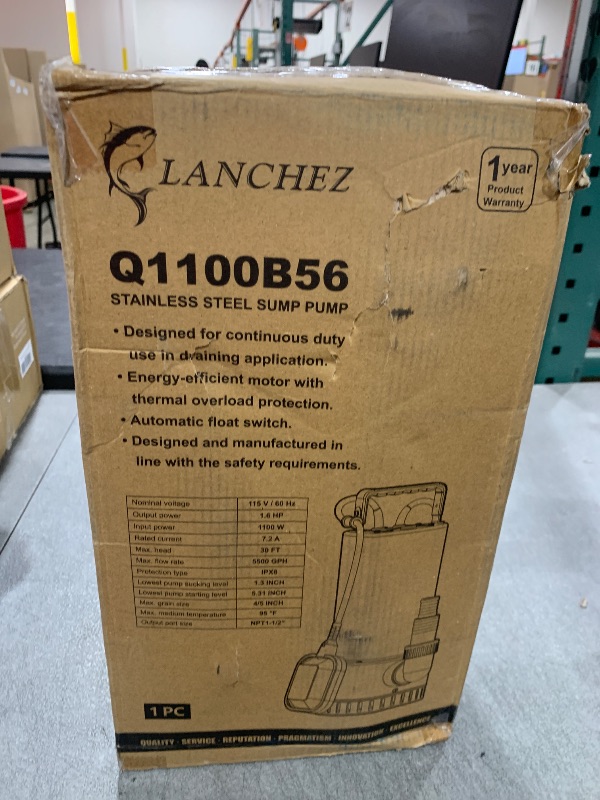 Photo 1 of LANCHEZ 1.6 HP Stainless Steel Submersible Water Pump 5500GPH High Flow with Float Switch Long Cord, Sump Pump for Quick Water Removal from Swimming Pool Flooded Basement Pit Sewage Sink Pool Tub