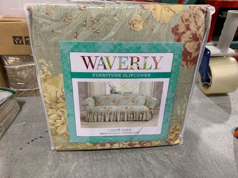 Photo 1 of Waverly Ballad Bouquet Ruffled Sofa Slipcover, Sofa Cover with Cotton Floral One Piece Design and Ruffled Skirt, Machine Washable Sofa Cover, Robin's Egg
