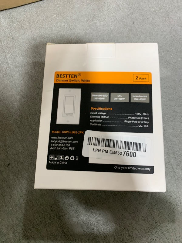 Photo 1 of BESTTEN 2 Pack Dimmer Light Switch, Universal Lighting Control, Single Pole or 3 Way, Compatible with LED Dimmable Lamp, CFL, Incandescent, Halogen Bulb, Decorator Wallplate Included, UL Listed, White
