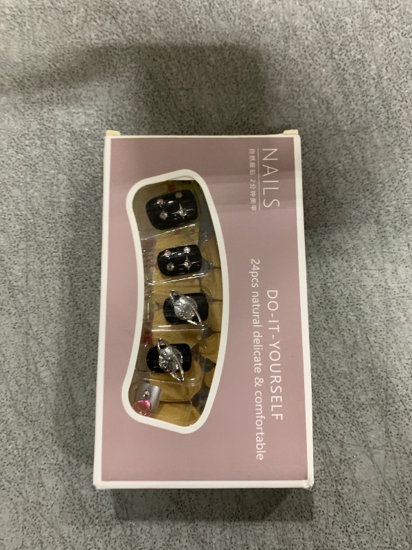 Photo 1 of Jremg Black Silver Press on Nails Short Square Fake Nails Glossy Black Acrylic Nails with Rhinestones Design False Nails 3D Pink Heart Charms Silver Gradient Star Glue on Nails for Women Girls 24Pcs