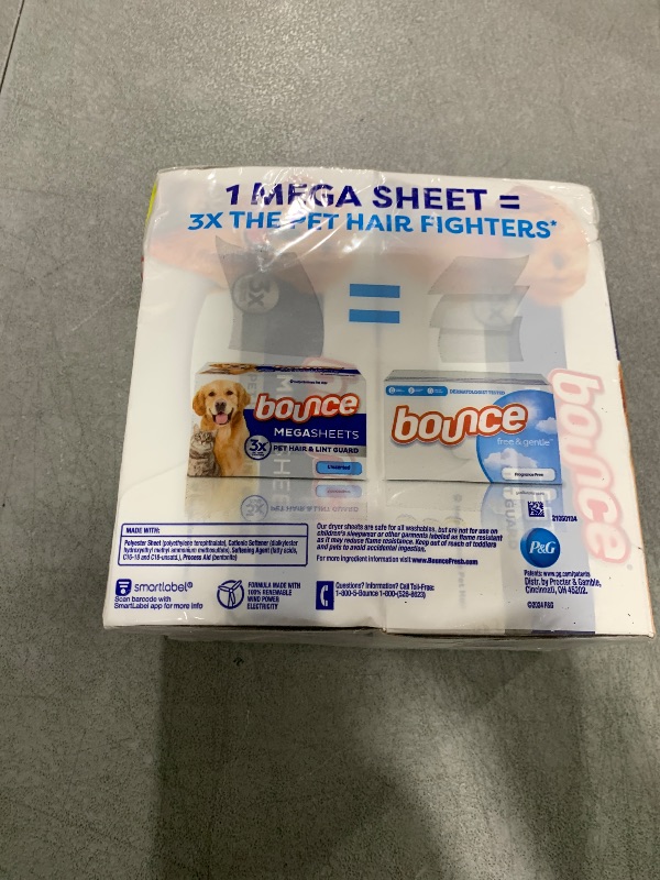 Photo 1 of Bounce Pet Hair and Lint Guard Mega Dryer Sheets with 3X Pet Hair Fighters, Unscented, 130 Count