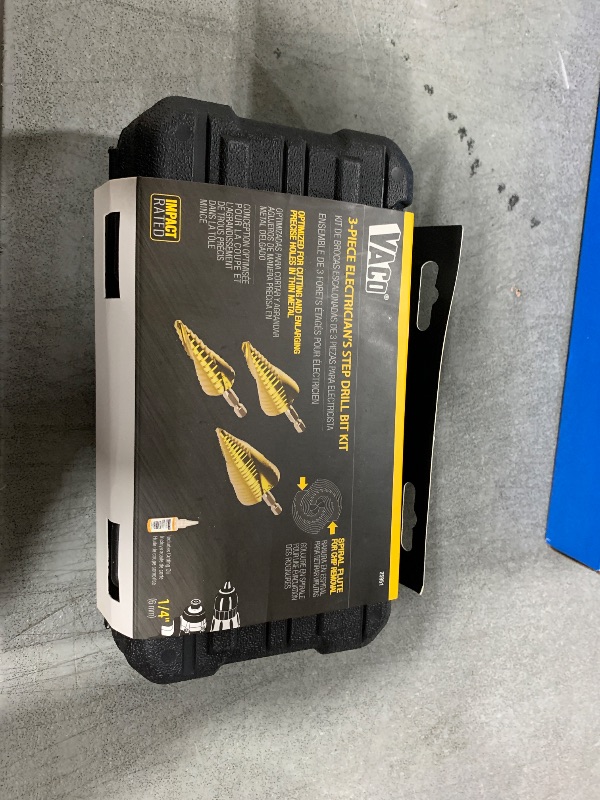 Photo 1 of Klein Tools 25951 Electrician's Step Drill Bit Set, Spiral Double Fluted, Titanium Nitride Coating, 1/4-Inch Impact Shank, Case, 3-Piece